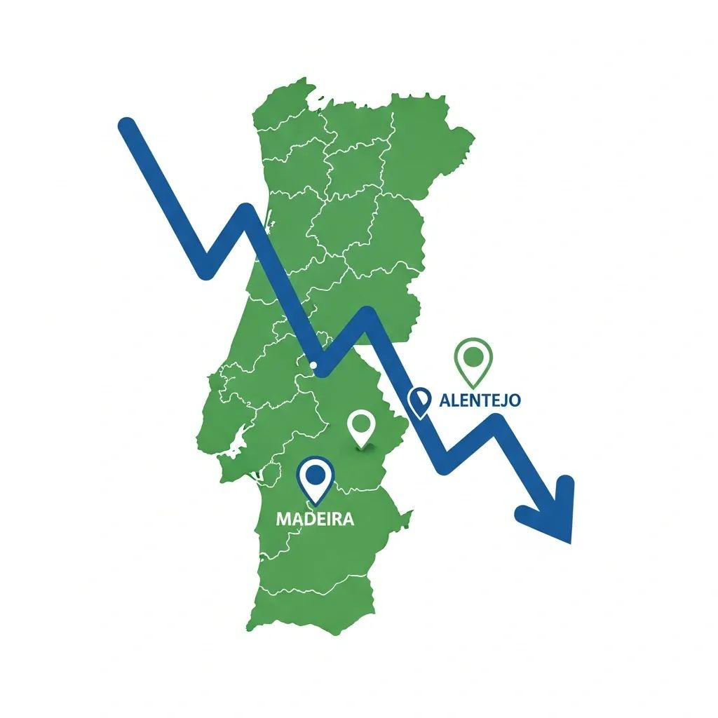 Infographic map of Portugal showing falling unemployment with highlighted regions