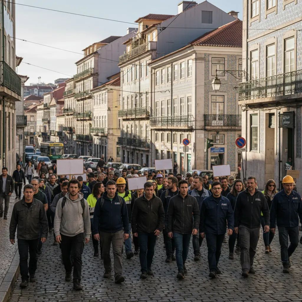 Large group of workers marching through Porto city streets in labor reform protest demonstration