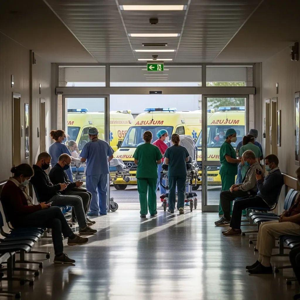 Busy Portuguese hospital ER corridor with masked patients and waiting ambulances outside