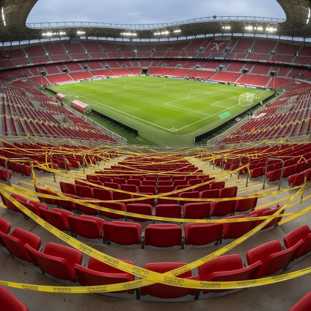 Partial closure of Estádio da Luz stands with cordoned red seats under match lights