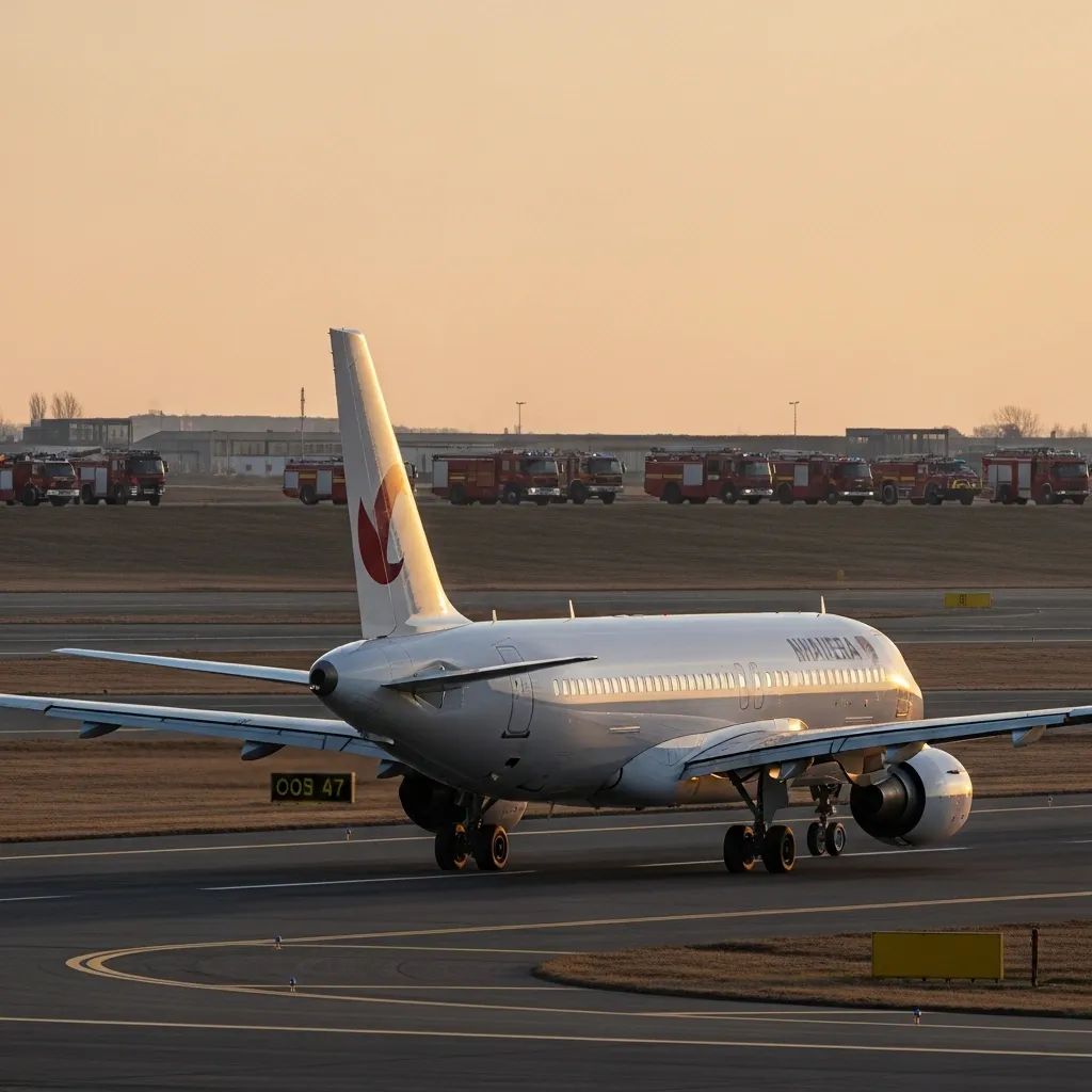 Commercial jet taxiing past fire trucks on a runway during an emergency diversion