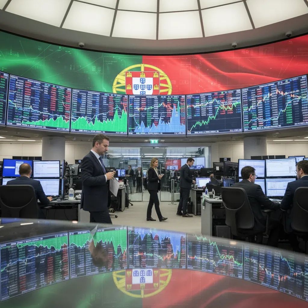 Stock trading floor showing Benfica SAD share price surge with financial charts and market data displays
