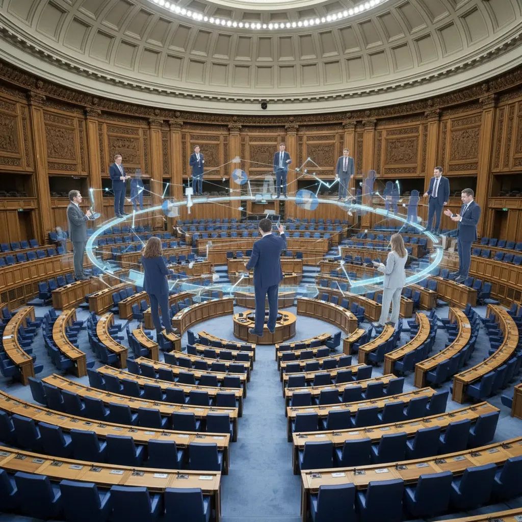 Portuguese parliament chamber interior with professional setting depicting governance debate and political discussion