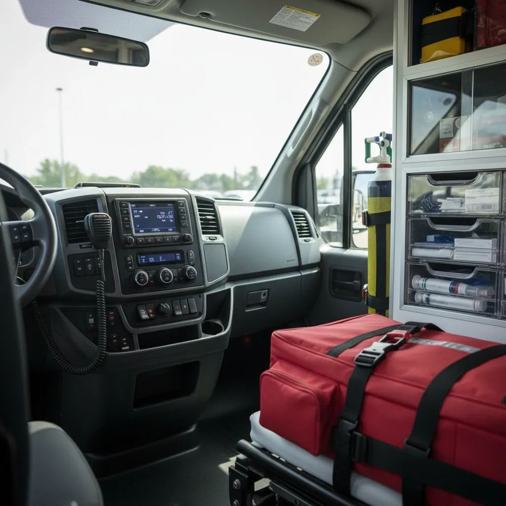 Interior view of Portuguese ambulance with medical equipment and emergency response systems