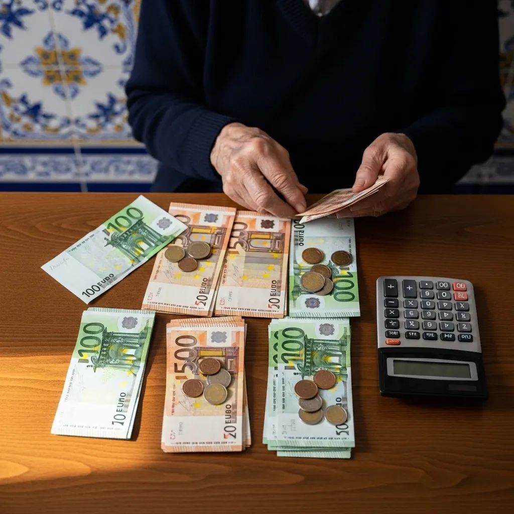 Overhead view of euro banknotes, coins and calculator on a table with an elderly person’s hands in the background