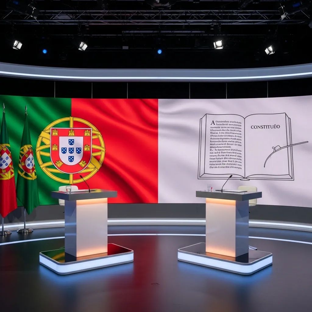Televised debate stage with two podiums, Portuguese flag and Constitution backdrop
