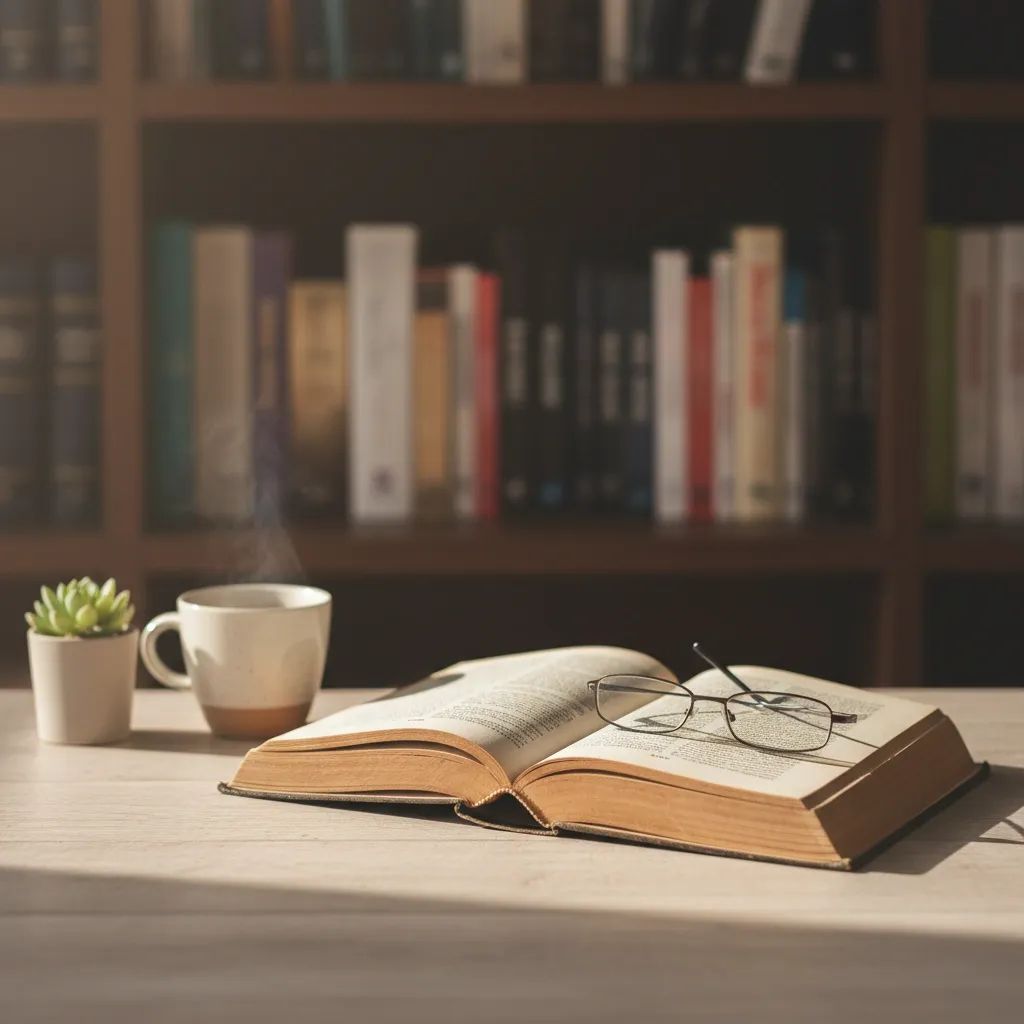 Open book on a desk with soft lighting, representing Wallace Stevens' literary aphorisms publication
