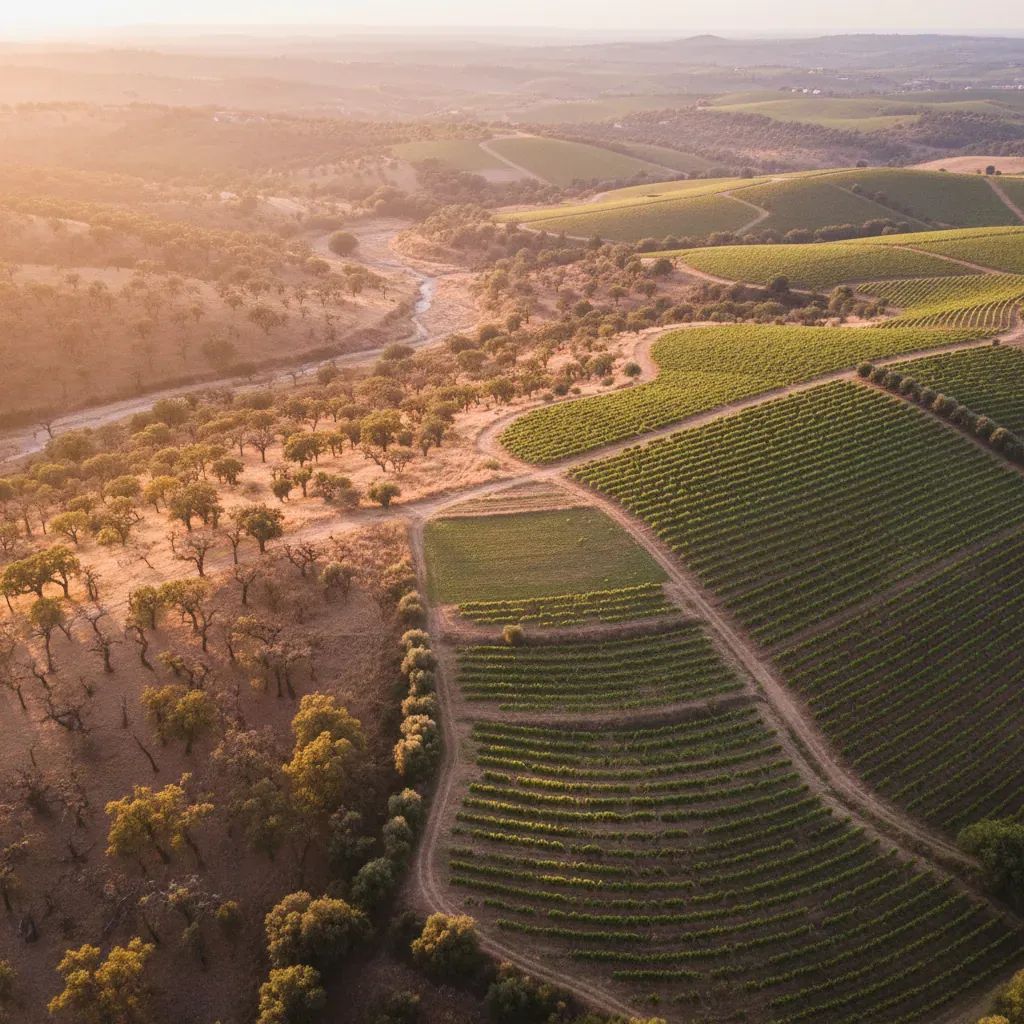 Portuguese cork oak forest and vineyard landscape showing environmental stress from drought conditions