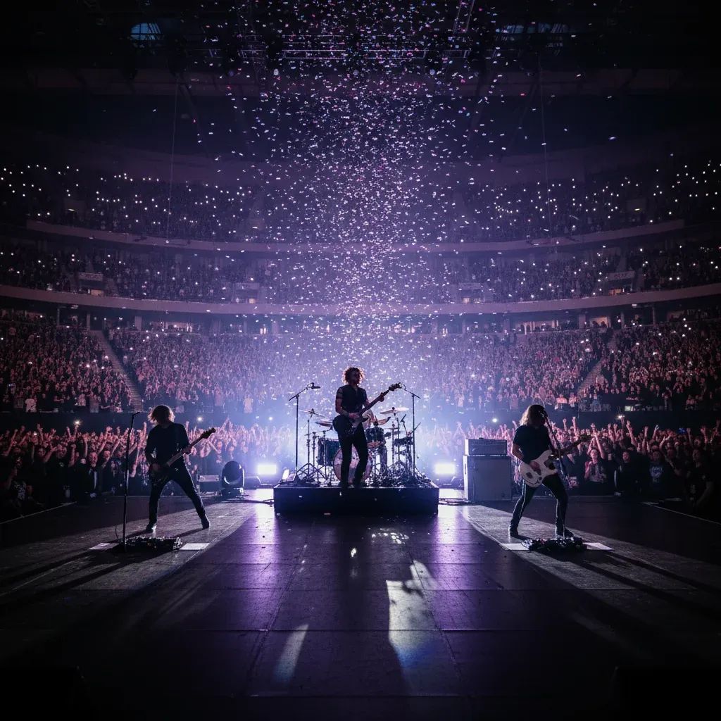 Rock band performing on concert stage with dramatic purple lighting and crowd in arena