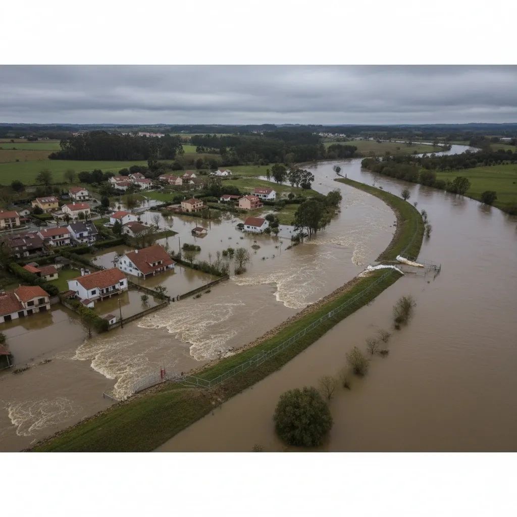 Aerial view of a flooded Portuguese river overtopping levees near red-tiled houses with barriers