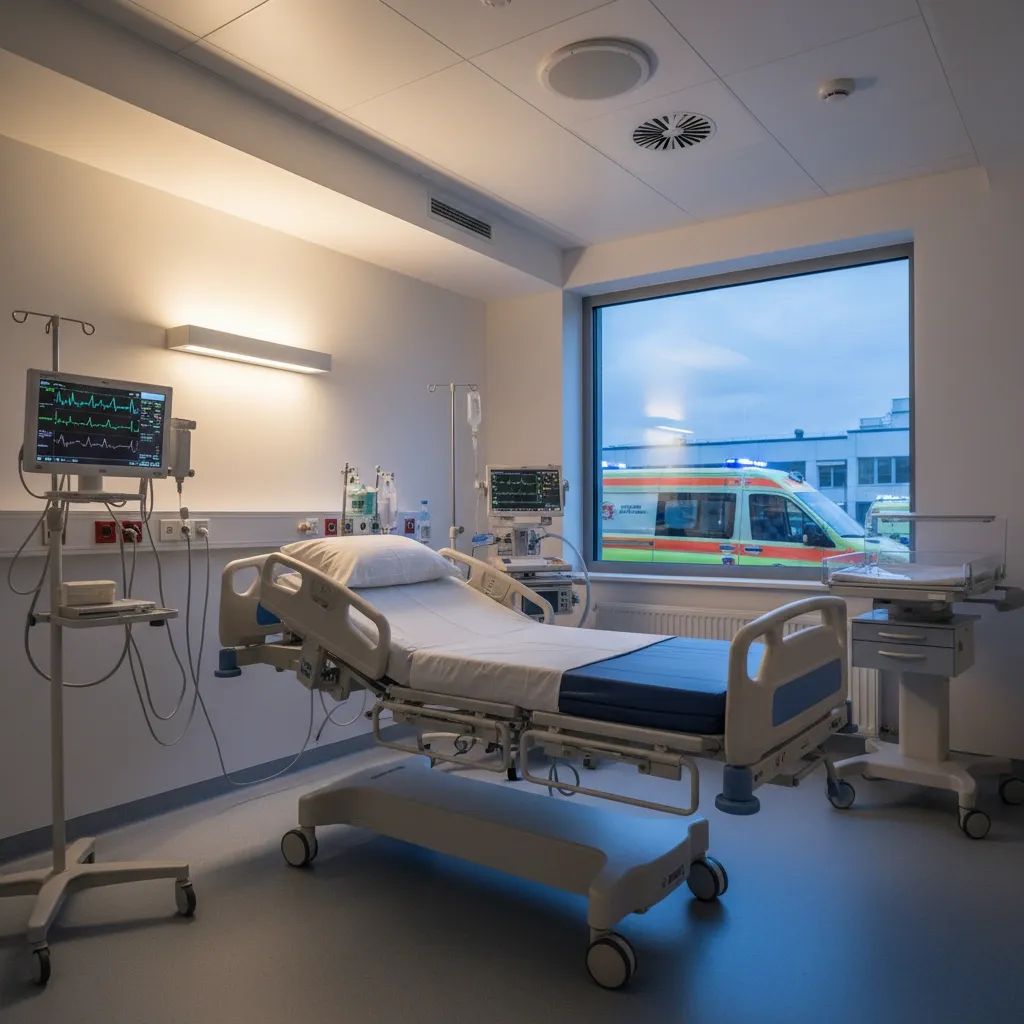 Modern hospital maternity ward with delivery equipment and emergency medical setup representing obstetric emergency care