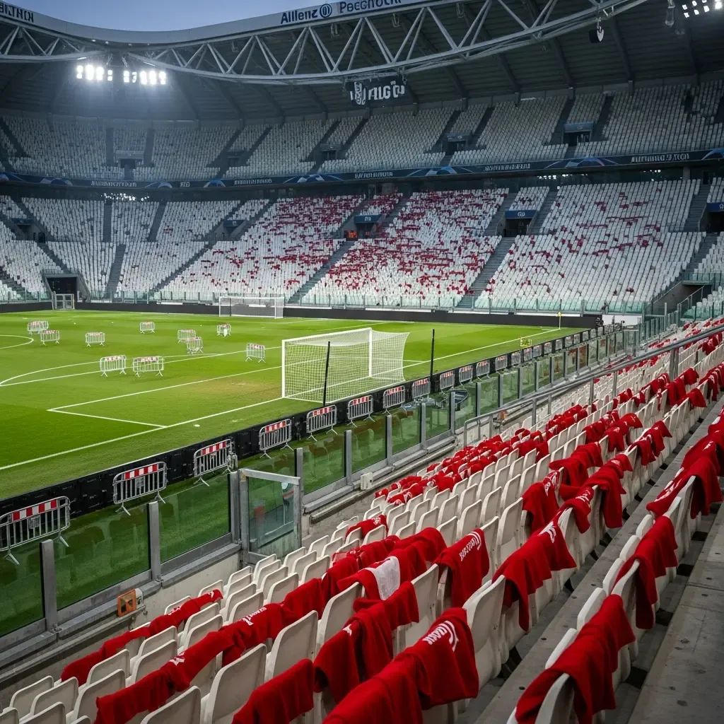 Empty Juventus Stadium stands with red scarves and no Benfica supporters in sight