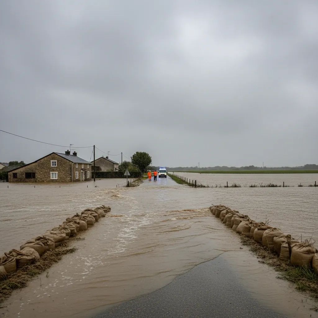 Flooded rural road in Azambuja with sandbags and a civil-protection vehicle under overcast sky