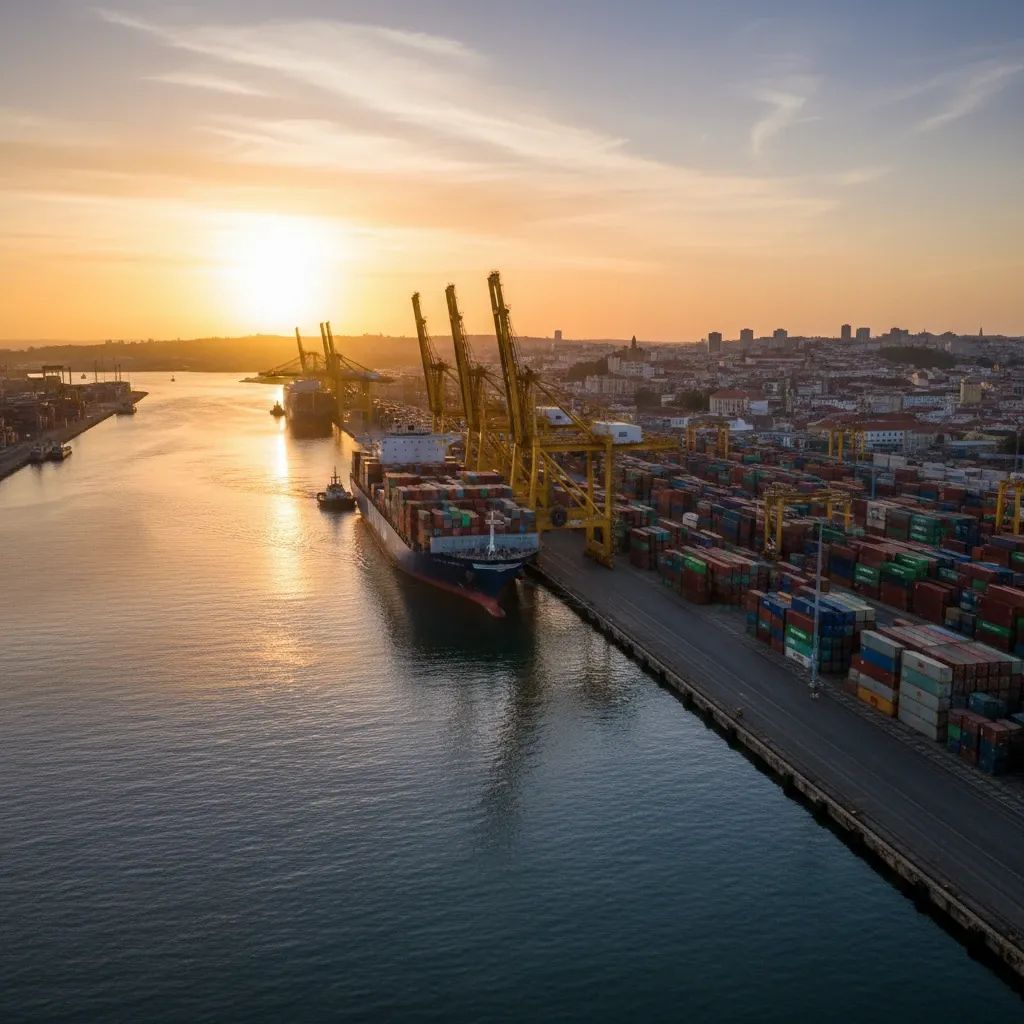 Container ship and stacked cargo containers at Portuguese port at sunset, symbolizing changing eurozone trade flows