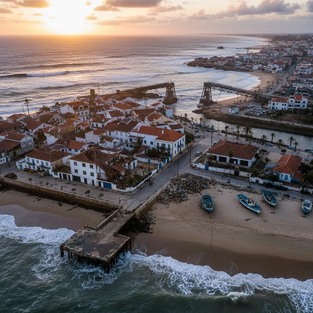 Aerial view of Portuguese village showing storm damage to buildings and roads after Storm Kristin