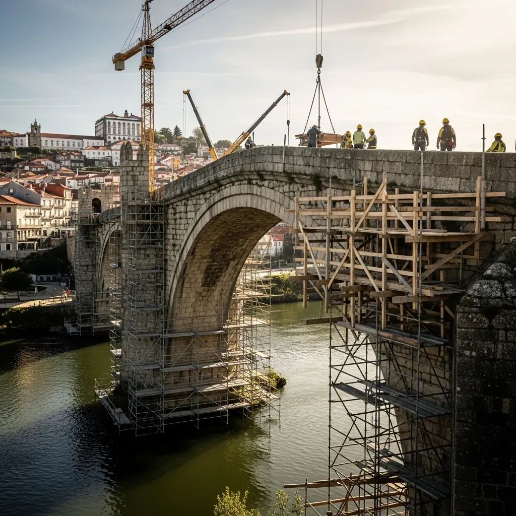 Restoration of Silves’s medieval stone bridge with scaffolding and cranes over the Arade River
