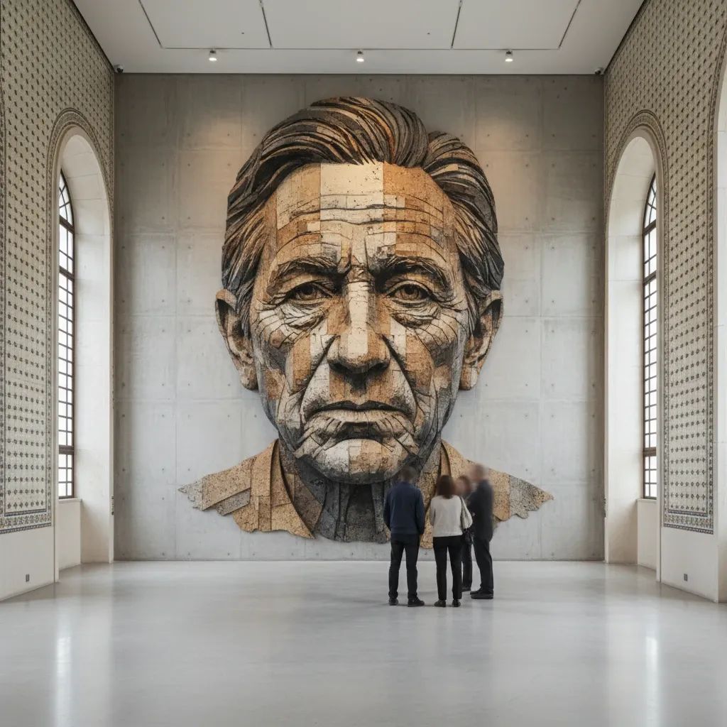 Visitors admire a Vhils-style street-art relief portrait of President Marcelo inside a Lisbon museum gallery