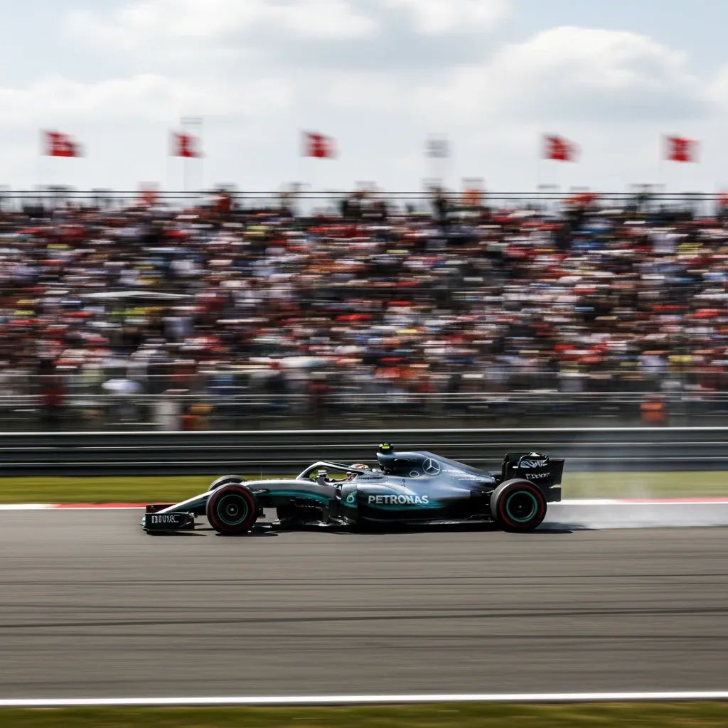 Mercedes Formula 1 car racing at Shanghai Grand Prix circuit with spectators in background