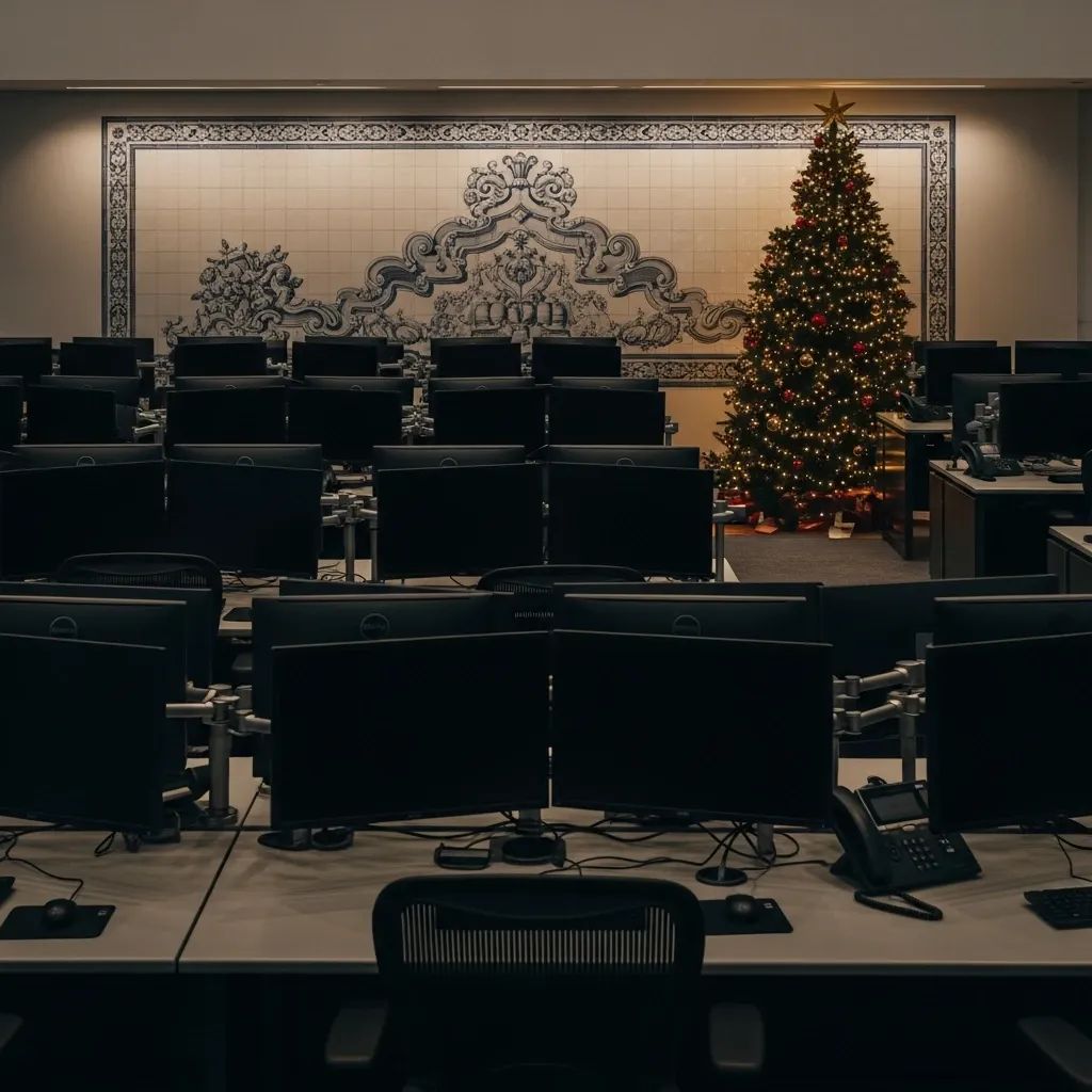 Empty trading floor with dark monitors and Christmas decorations during holiday market shutdown