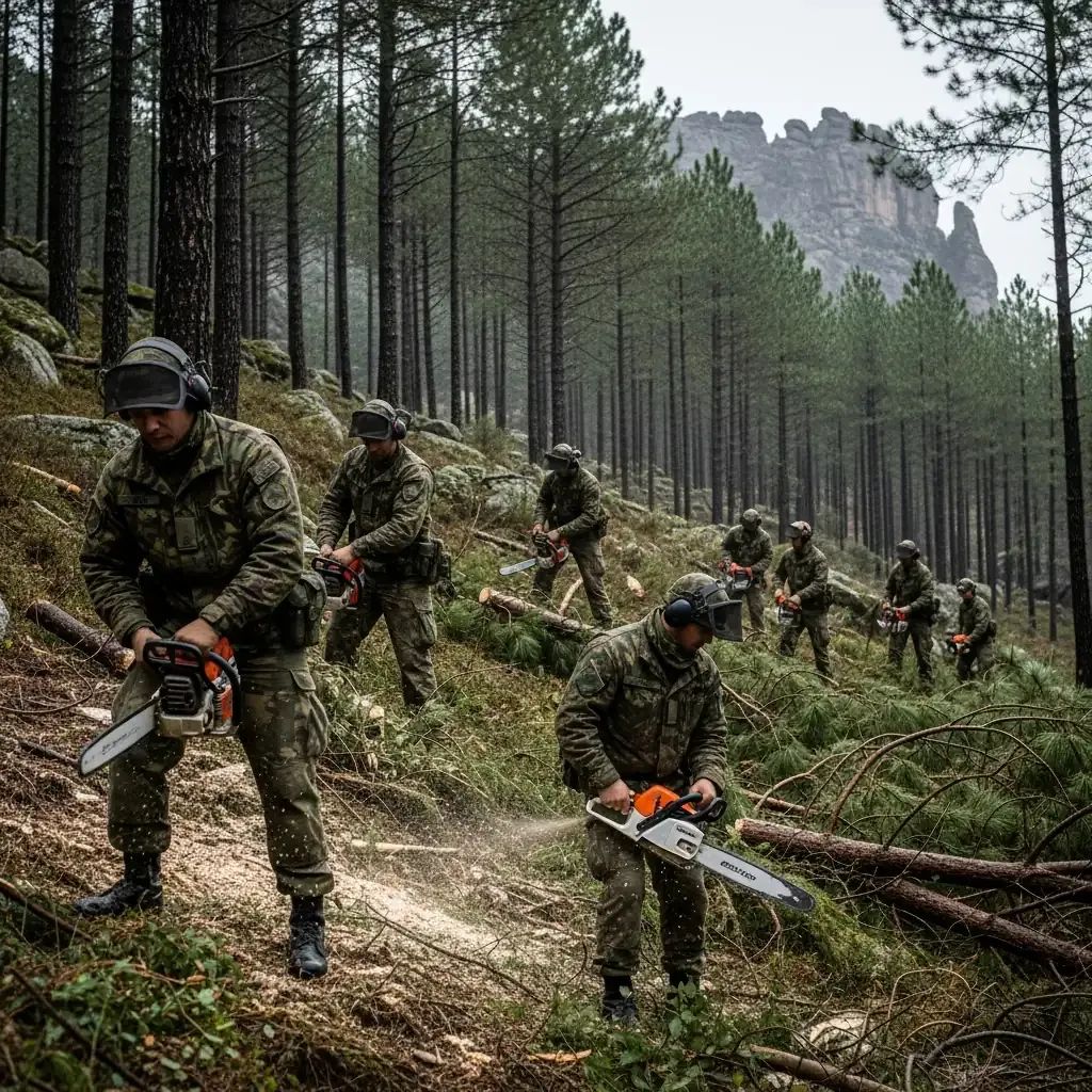 Portuguese soldiers in winter uniforms clearing forest underbrush with chainsaws