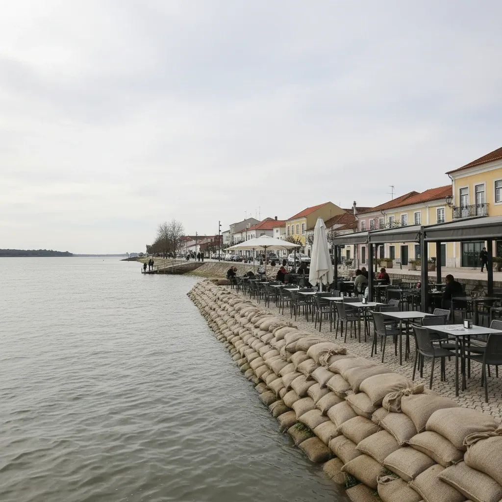 Moita riverside cafés protected by sandbag barriers as water from the Tagus remains high under cloudy skies