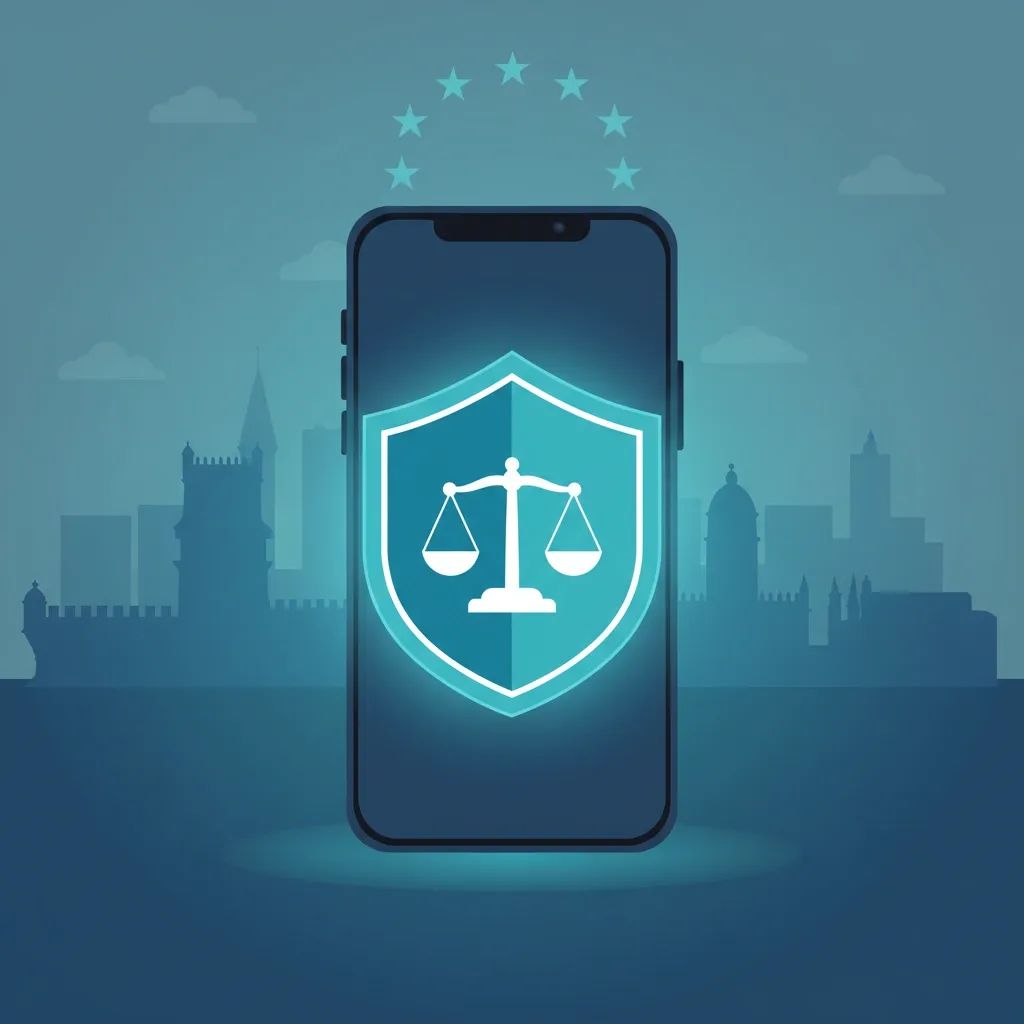 Smartphone with glowing shield and scales icons over Lisbon skyline, symbolising EU digital fairness rules