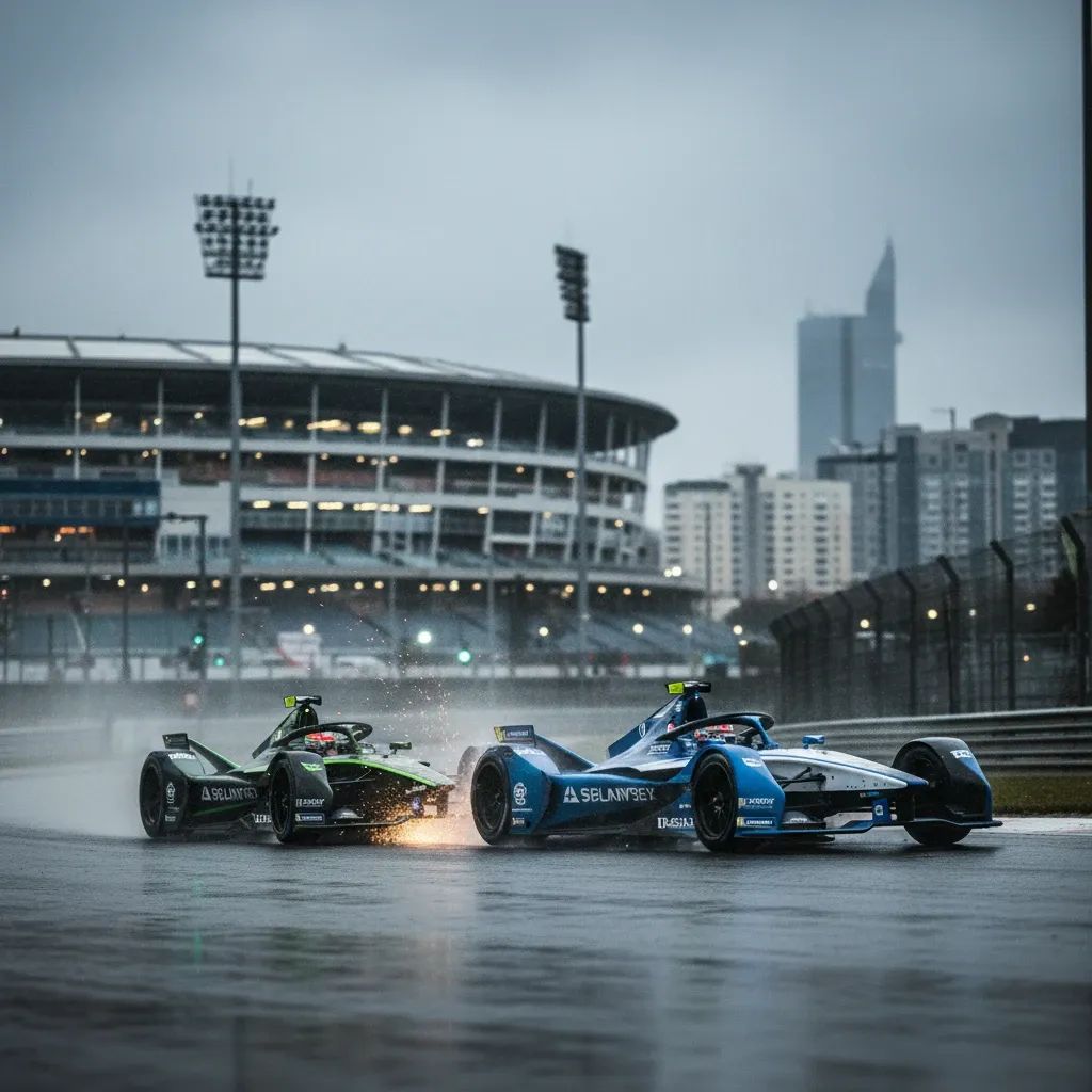 Two electric Formula E cars colliding on a wet street circuit near a stadium