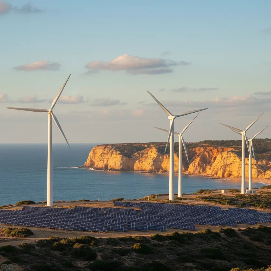 Portuguese coastline with renewable energy infrastructure including wind turbines and solar panels, representing Portugal's shift away from fossil fuels