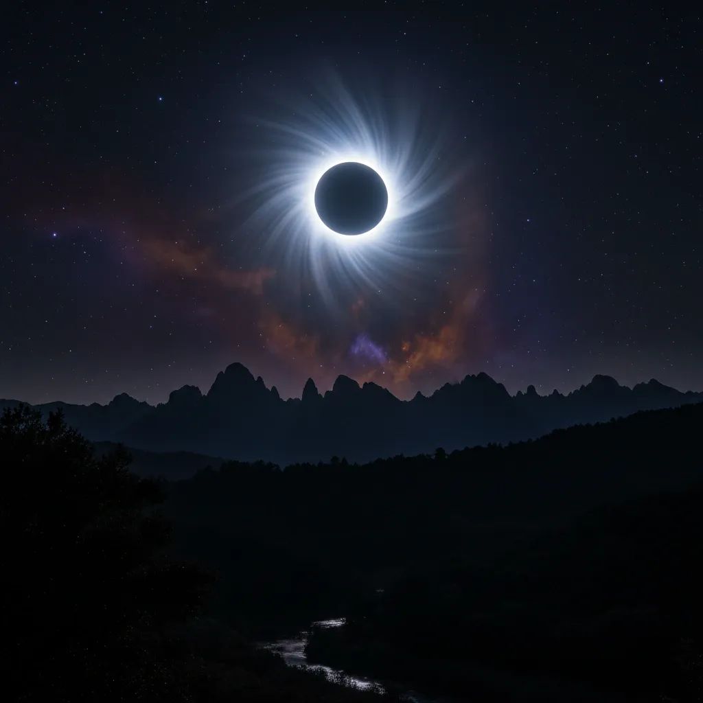 Total solar eclipse with corona visible over Portuguese mountain landscape at dusk