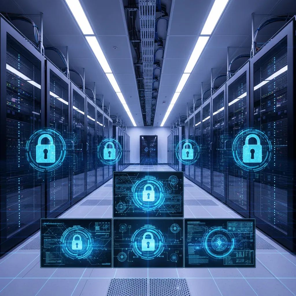 Modern cybersecurity data center with digital security locks and monitoring systems representing cyber defense against threats