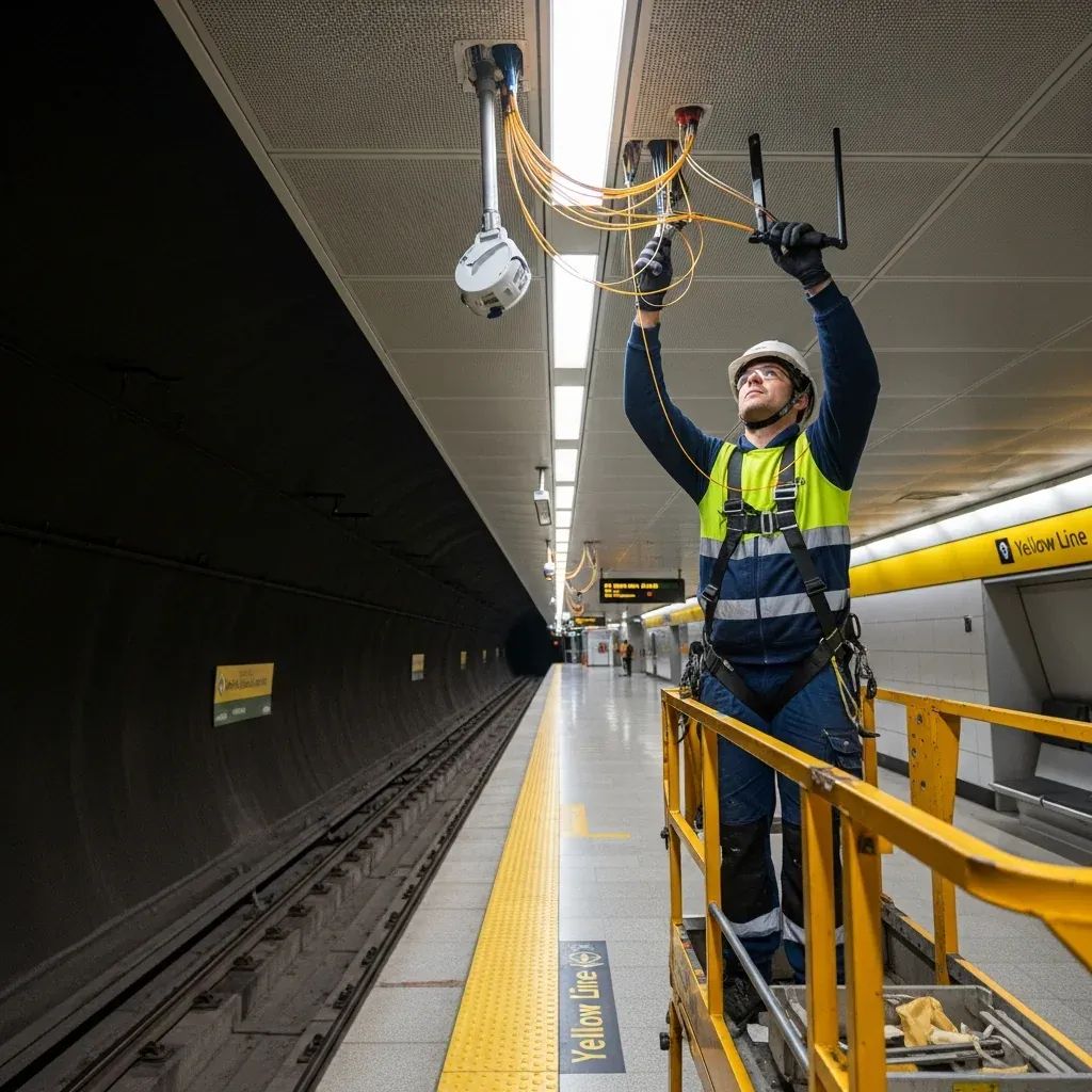Technician installing 5G antennas and fiber-optic cables in a Lisbon metro station