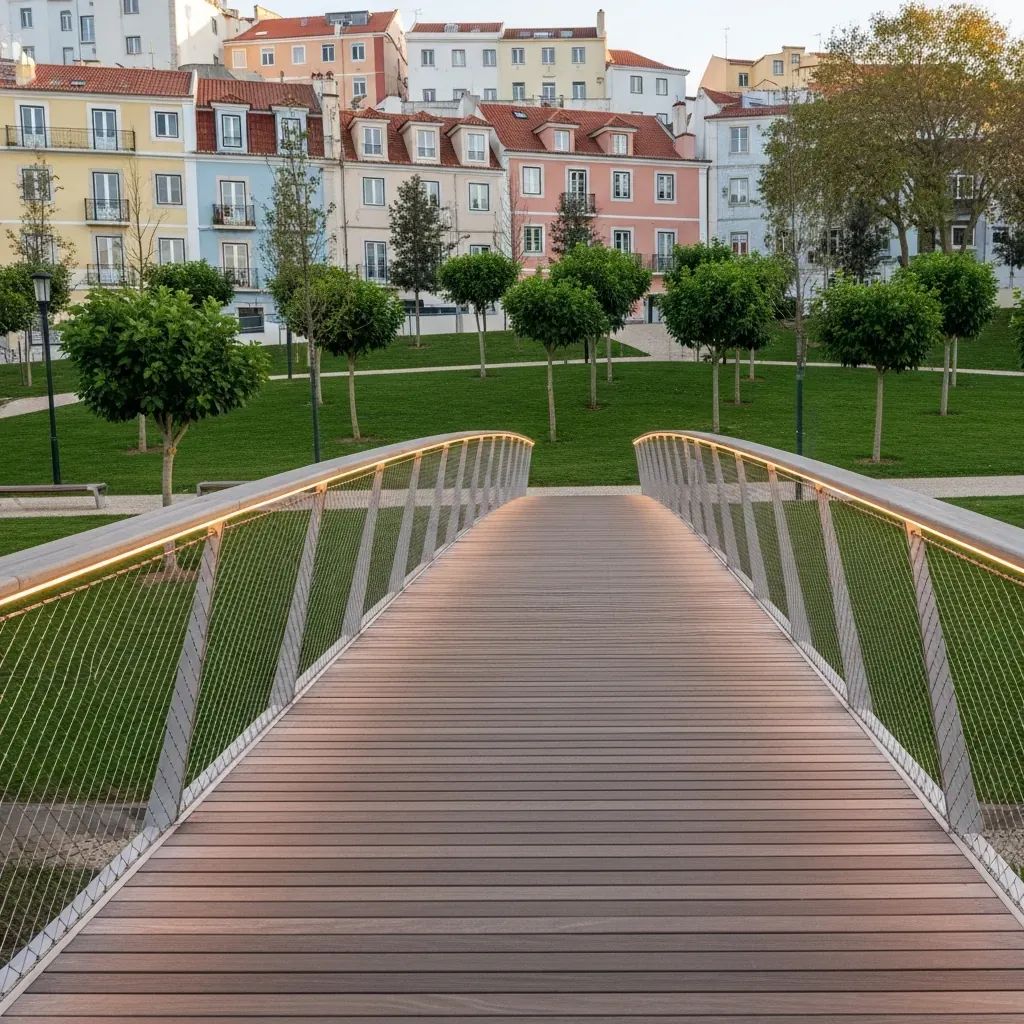 Wooden footbridge over Amoreiras park with mulberry trees and pastel Lisbon townhouses in the distance