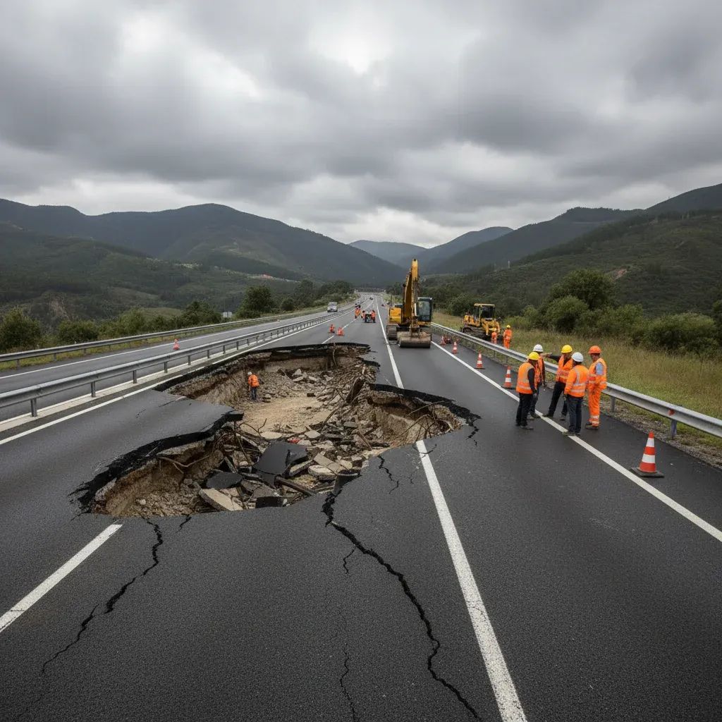 Construction workers assessing storm damage to Portuguese highway infrastructure with heavy equipment in background