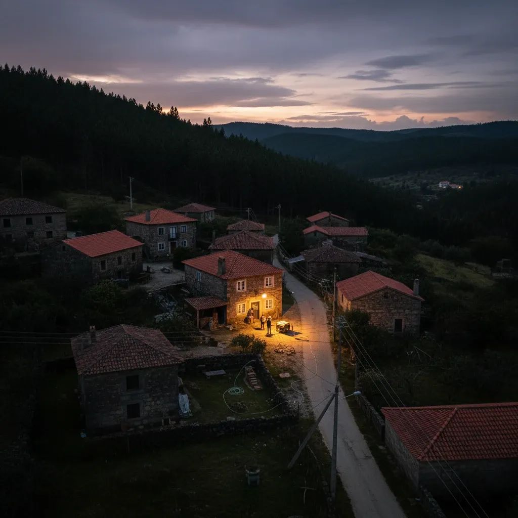 Rural Portuguese hamlet at dusk lit by one generator, storm-damaged power lines hanging overhead