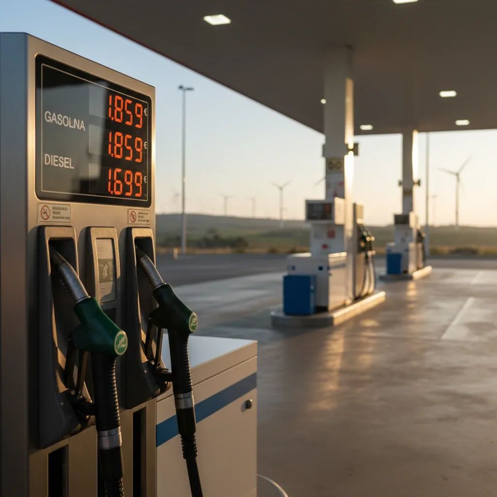 Gas station pump display in Portugal with renewable energy infrastructure in background