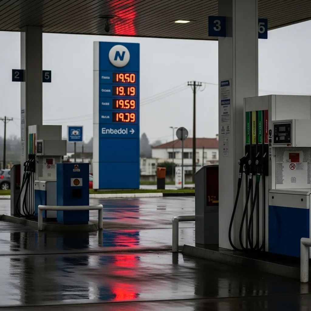 Portuguese petrol station forecourt with fuel pumps and digital price board showing high prices