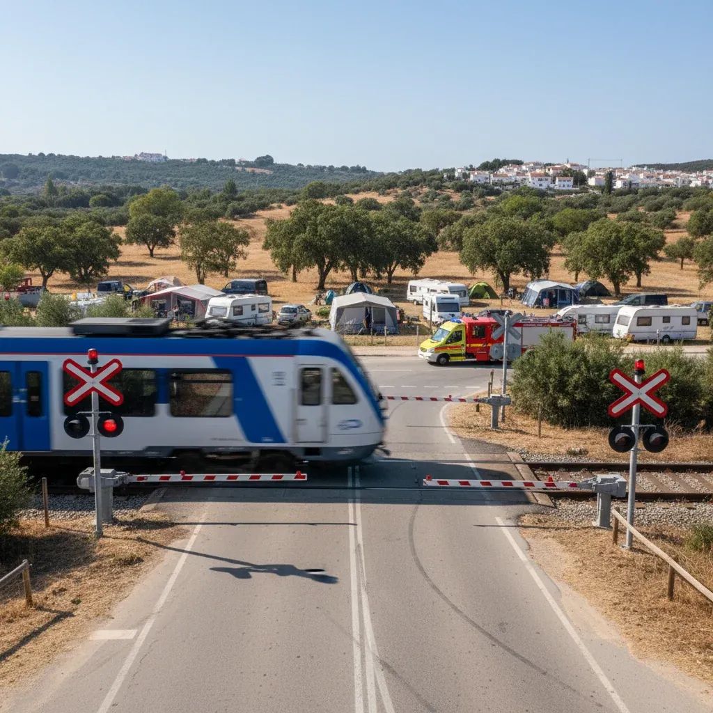 Automated railway level crossing with barriers and warning signals in Algarve countryside