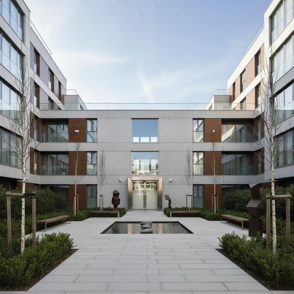 Modern residential apartment building representing social housing complex in Braga with security features visible