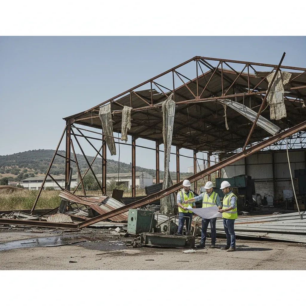 Industrial facility in Leiria showing storm damage with exposed machinery and roofless production pavilion
