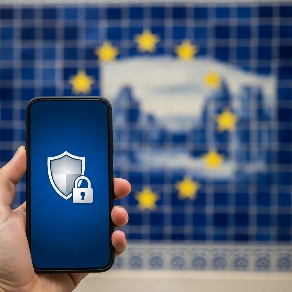 Smartphone with shield and padlock icons held before a Portuguese azulejo tile wall and EU stars motif