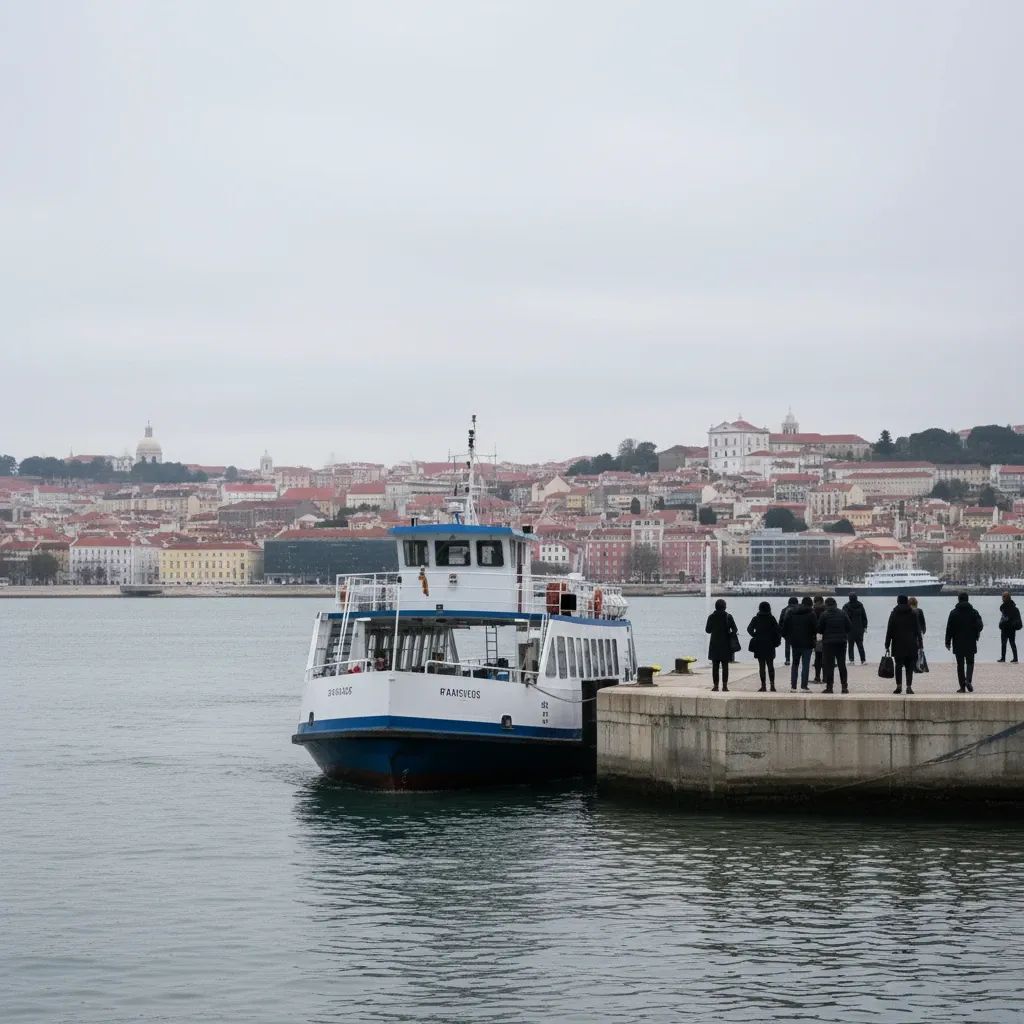 Tagus River ferry approaching a Lisbon dock with commuters waiting on the platform