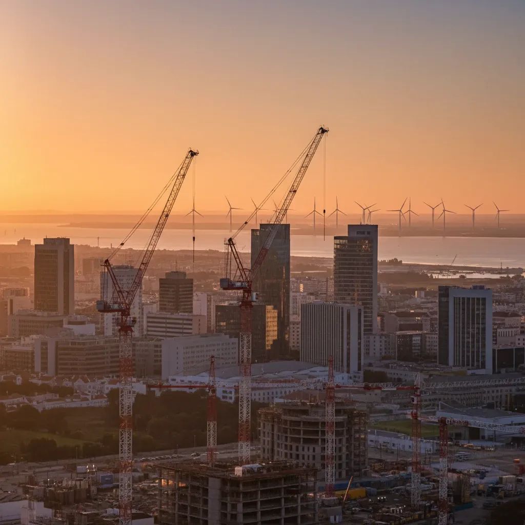 Lisbon skyline with cranes and wind turbines symbolizing economic growth