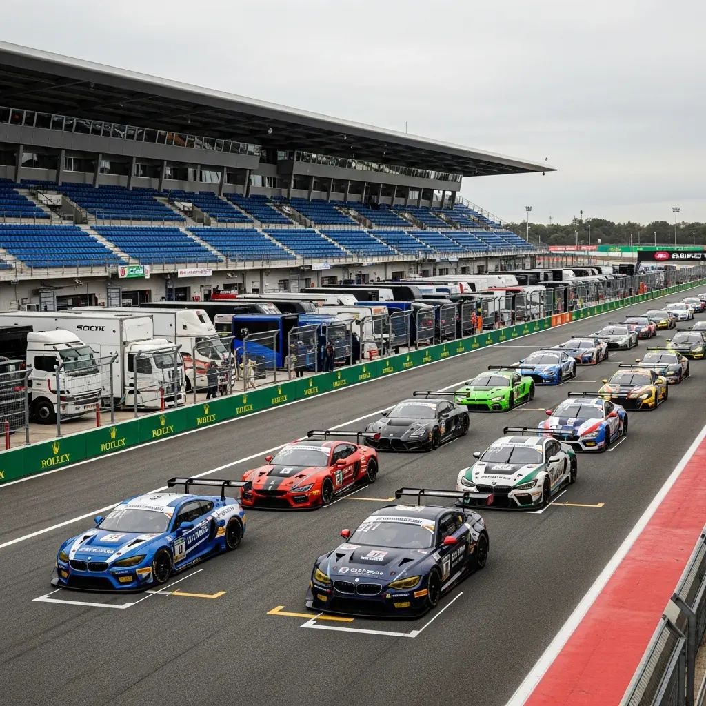 GT3 race cars lined up on the grid at Portimão circuit with paddock and grandstands