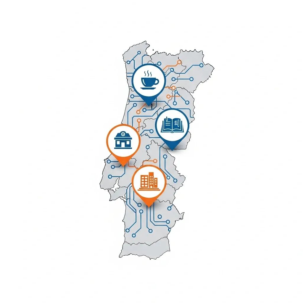 Infographic map of Portugal linking AI icons at a café, classroom and office