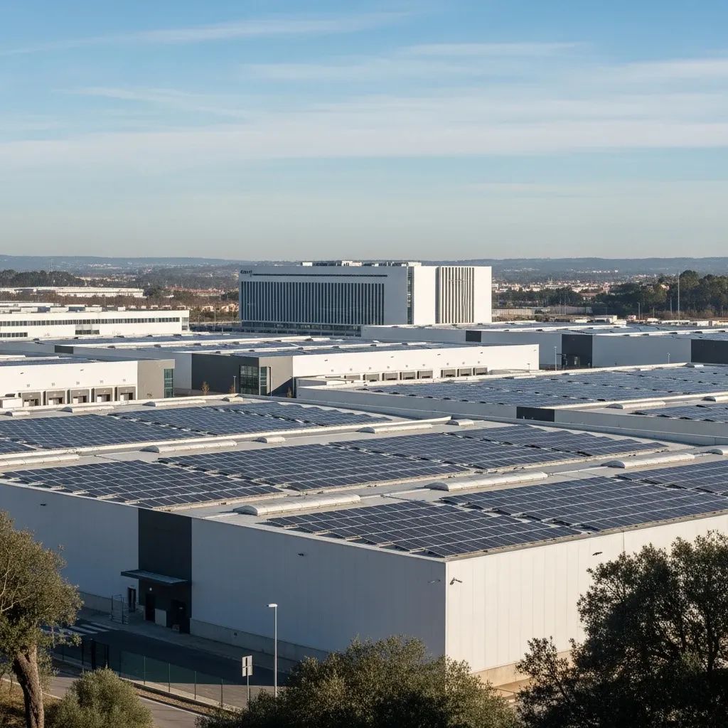Modern Portuguese industrial park with solar-paneled logistics warehouses and a data centre in the background