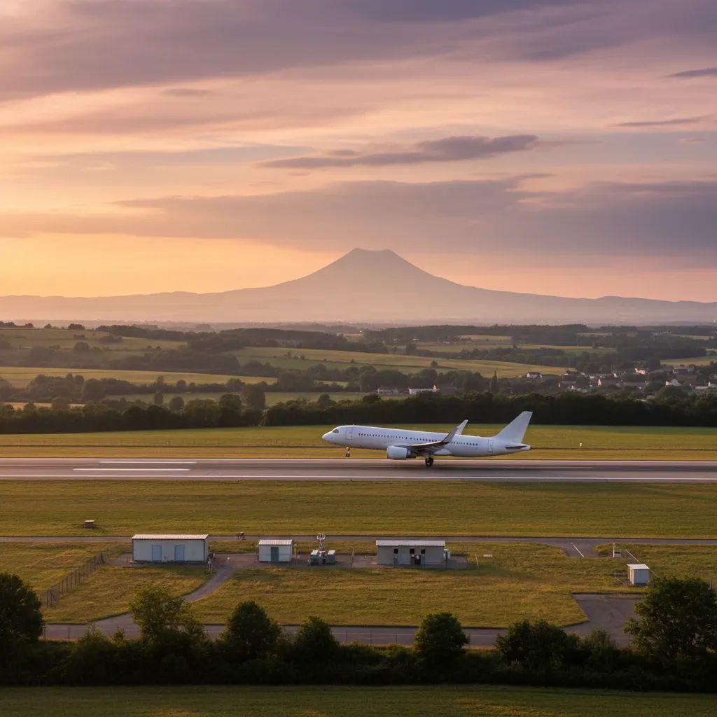 Passenger jet departs small Auvergne airport, illustrating loss of direct Clermont-Ferrand–Porto flights