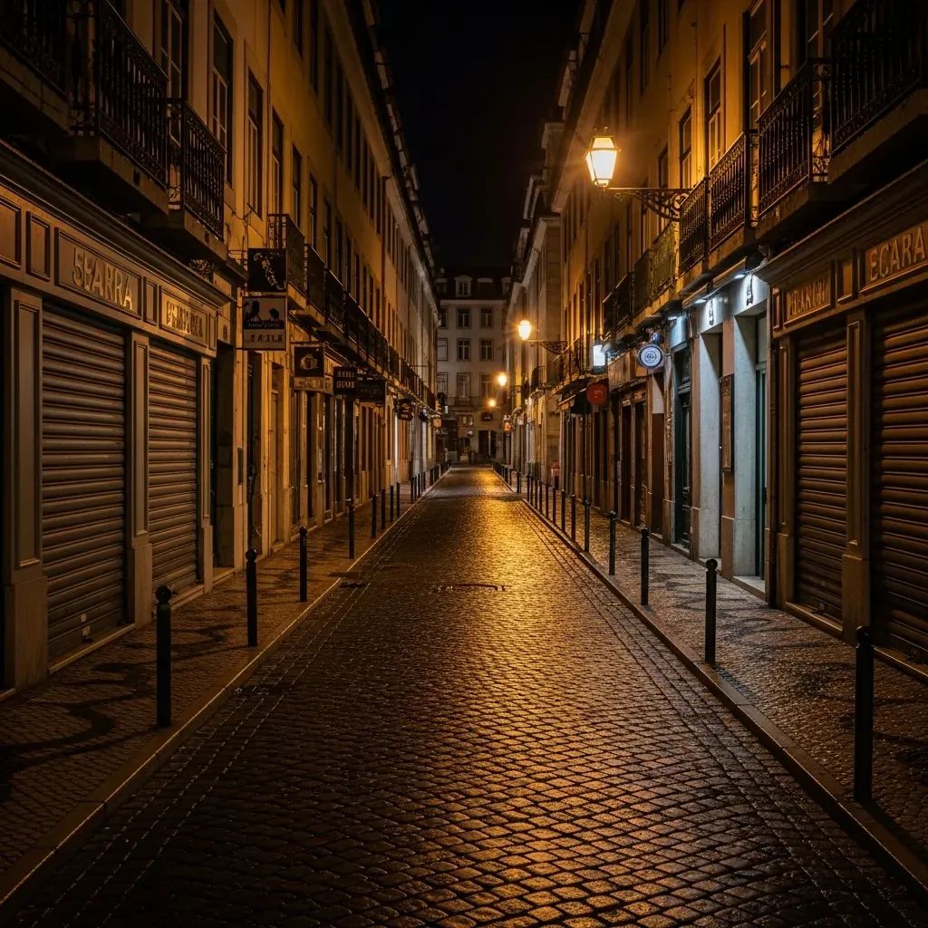 Empty Lisbon street at night with shuttered bars under warm lights reflecting new alcohol curfew