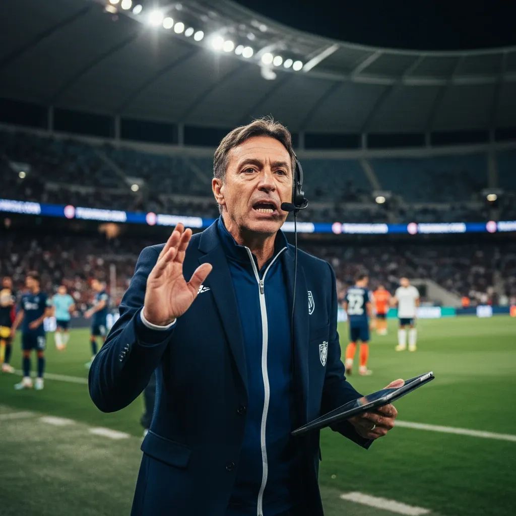 Football manager demonstrating tactical intensity on sideline during match