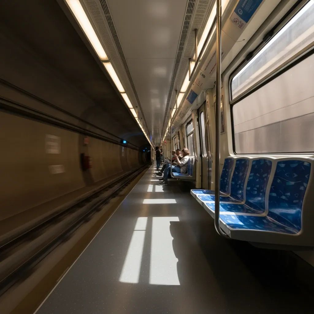 Lisbon metro train traveling through Blue Line tunnel during daytime commute