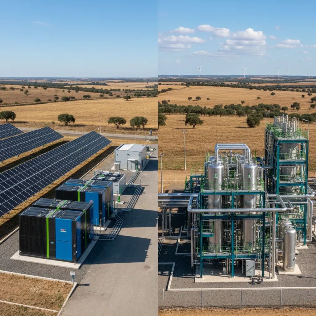 Industrial renewable energy facilities with solar panels, battery storage systems, and hydrogen production equipment in Portugal